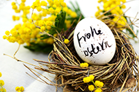 Osterei bedruckt mit den Wörtern frohe Ostern